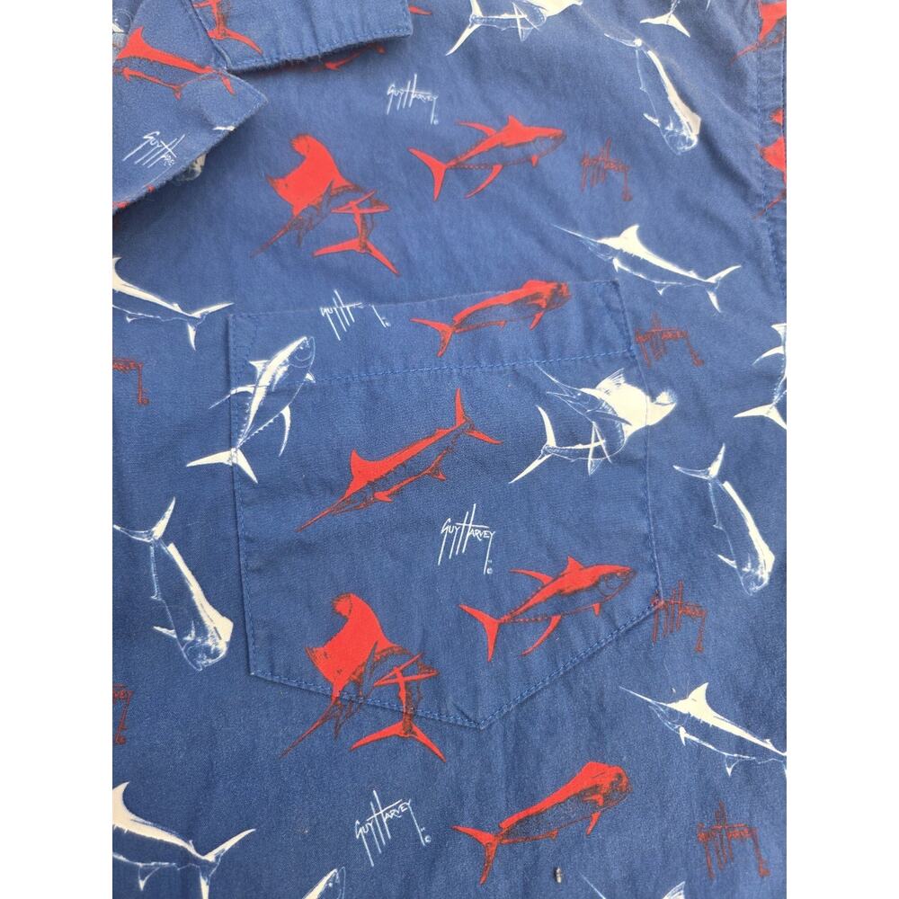 Guy Harvey Button Up Shirt Men's L Fish Print Short Sleeve Blue Marlin Tuna Mahi - Picture 2 of 7